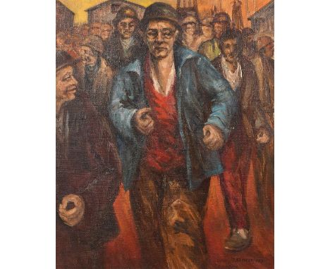 R. E. Deschryver (20th Century), workers leaving an industrial area, oil on canvas, signed, 23.75" x 19.75" (60 x 50cm).