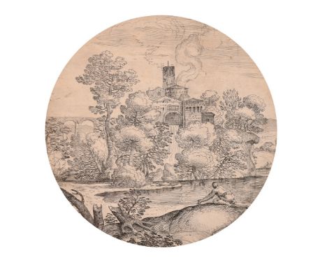 Giovanni Francesco Grimaldi (1606-1680), 'The Creeping Man', etching, tondo, 7.25" diameter.