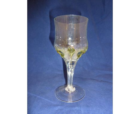 Continental, probably Austrian - a tear wine glass, the colourless body applied with pale olive green trails, 15cm high 