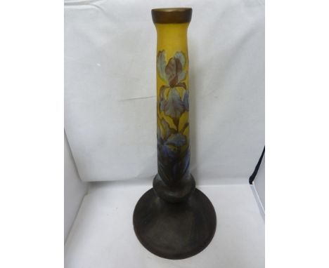 Tip Galle - cameo glass lamp base, decorated with an aquatic scene with Irises, the tapering cylindrical body on wide spreadi