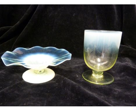 James Powell &amp; Sons, Whitefriars Limited - Two straw opal glass items, comprising a short stem  beaker glass, 9.5 cm high