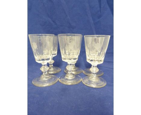 English Glass, possibly Apsley Pellat - six wine glasses, the bowls cut with fluting to the lower section and engraved with a