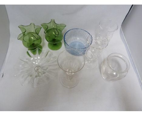 James Powell &amp; Sons, Whitefriars Limited - Eight items of glass, comprising: a pair of dark green posy vases with wavy ri