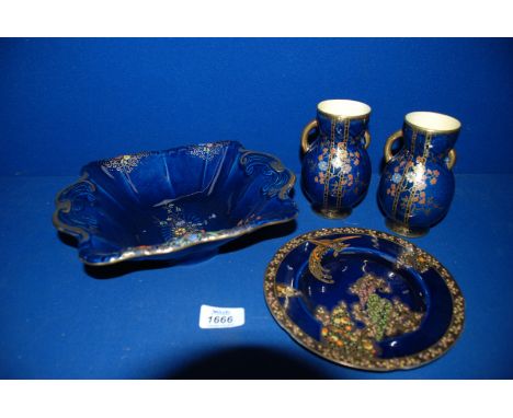 A Crown Devon dark blue lustre pair of Vases a square Bowl and a display Plate