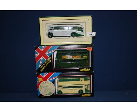 One Corgi and two Solido models of Buses including an open topped bus, London Bus and a grey/green Coach