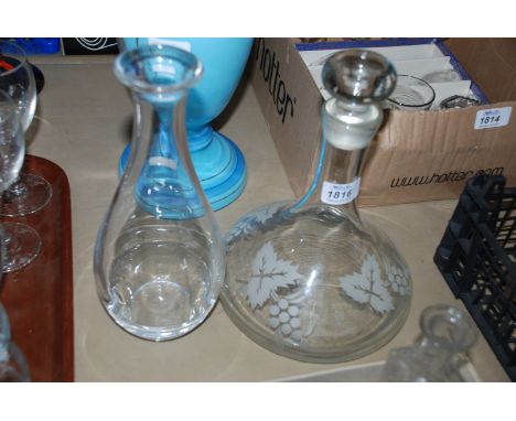 A glass Ship's Decanter with grape etched decoration and a Carafe (no stopper)