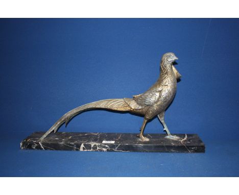 A spelter model of a Pheasant on a marble base, 18 1/2'' head to tail.  11'' high