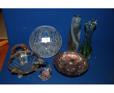 A quantity of coloured, frosted and clear glass including carnival glass bowl, grey frosted swirl bud vase, cut glass globe s