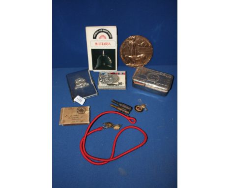 A box of military items including a well polished death penny - Joseph Smith ?, a 1914 plated Christmas tin with packet of Pa