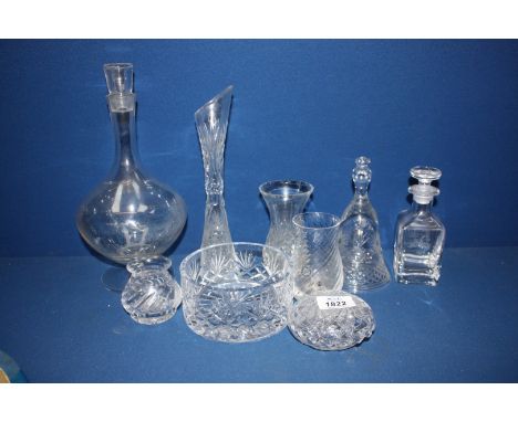 A glass decanter, a Royal Welsh crystal bell, small vases, bowl, trinket dish etc