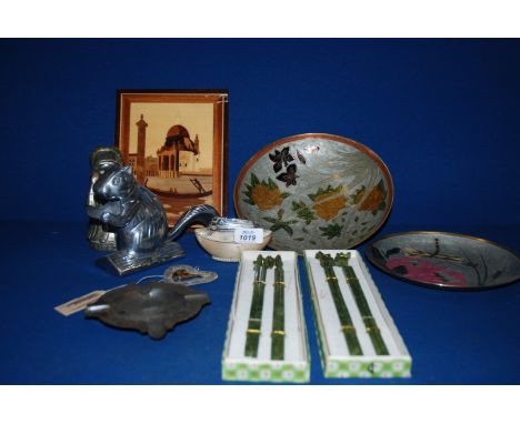 A Squirrel shaped Nutcracker, a money box in the shape of a young girl 'Holly Hobble', brass plate and bowl, etc