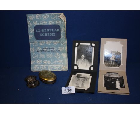 A brass Miner's Snuff Box, two small photograph albums and contents, a military badge and a Government vocational training ma