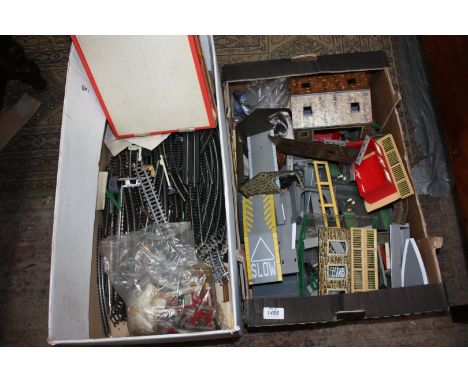 Two boxes of OO gauge model railway items including track, buildings and accessories
