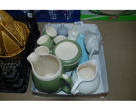 A quantity of china including green egg cups, bowls, jug etc., Poole Shell ornament, cruet,etc.
