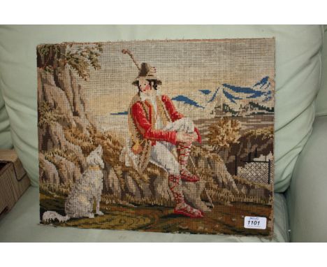 A 19th c. Tapestry of a shepherd and his dog.  14'' x 17''
