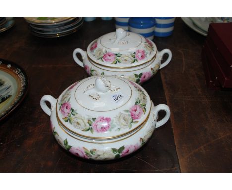 A pair of Royal Worcester 'Royal Garden' large Tureens with rose finial lids