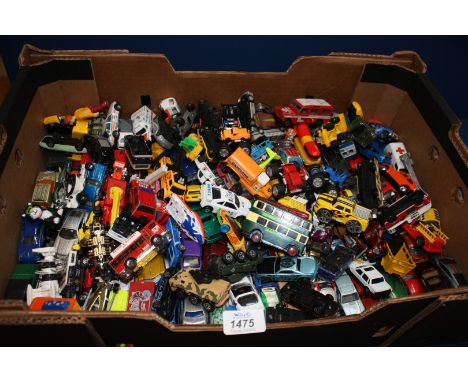A large quantity of Corgi and Matchbox cars and trucks including Racing Cars, Towing Trucks, Police Cars and Vans etc.,