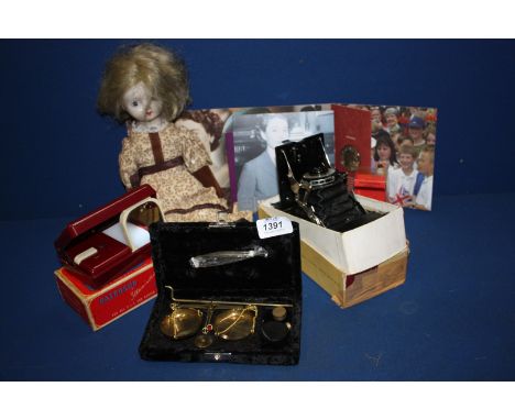 A 'King Penguin' eight-twenty folding Camera, a Paterson Viewer, a set of cased Opium Scales, China Doll etc.