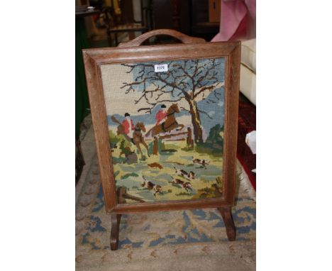 A tapestry Fire Screen depicting a hunting scene