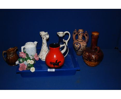 An Arthur Wood stoneware lidded Decanter, small Jug, orange Sylvac Vase with horse decoration, etc.