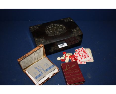 A Victorian hardwood and brass decorated Playing Card Box with ''Kan-u-Go'' cards, pack of playing cards and red and white co