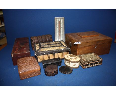 A quantity of boxes including an Oak sarcophagus, inlaid Card Box, carved wooden box, Papier Mache, Cribbage, Bone, etc.