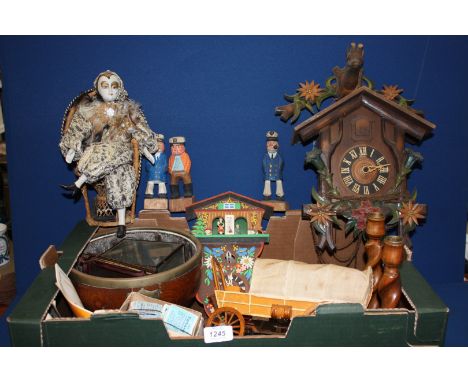 A quantity of wooden items including brass footed fruit bowl, candlesticks, cart, sailor figures, clock thermometer, cuckoo c