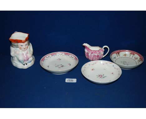 Three early Staffordshire Tea bowl Saucers, Spode Cream Jug and Creamware Toby Jug