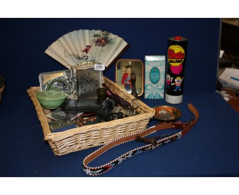 A quantity of miscellanea including Eurastyle Carriage Clock, two paper fans, bell, metal dish decorated with Owls, tin decor