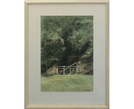 GILBERT BAZARD (FRENCH, B.1936)   The field gate , Signed and dated 1987, watercolour, 48cm x 33cm ,