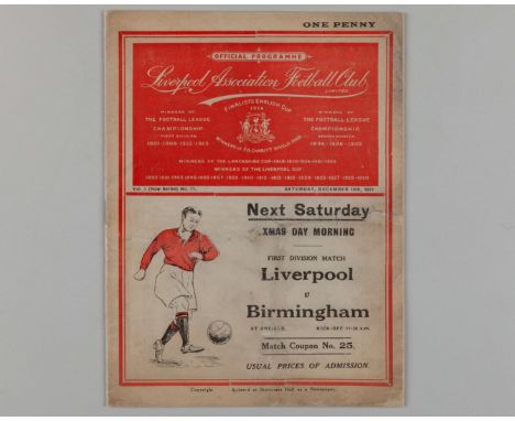 Liverpool v. Arsenal home match programme, 18th December 1937, some staining, small repair