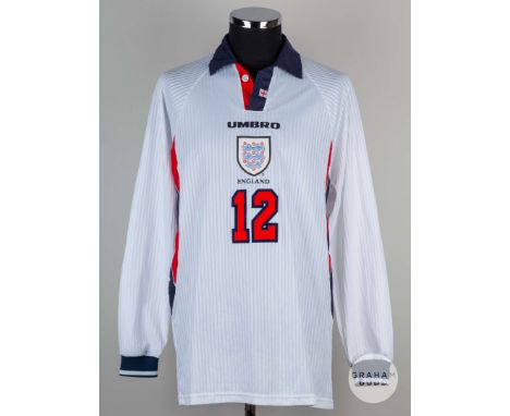 Gareth Southgate white No.12 England v Chile long sleeved friendly shirt, 1998, Umbro, size XL, button up collar with embroid