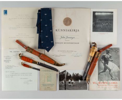 Jack Jennings 1952 Helsinki Olympics memorabilia, including programme, commemorative daggers, identity card, diploma and neck
