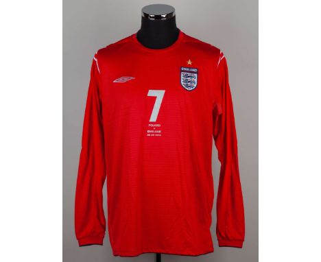David Beckham red No.7 England v. Poland match issued long-sleeved shirt, 2006, Umbro, XL, with v-neck collar and embroidered