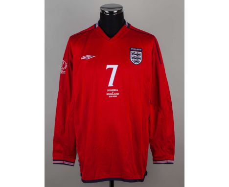 David Beckham red and blue No.7 England v. Nigeria match issued long-sleeved shirt, 2002, Umbro, XL, wirh v-neck collar and e