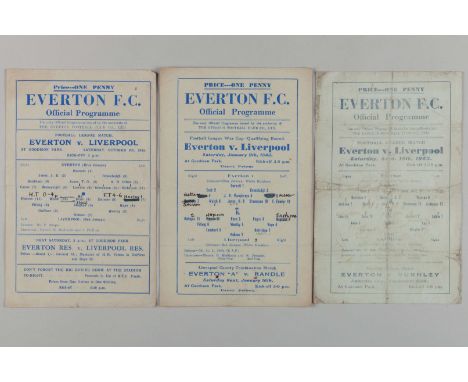 Three Everton v. Liverpool single-sheet match programmes, 1942-43, comprising 19thSeptember 1942, folds and repairs, 9th Janu