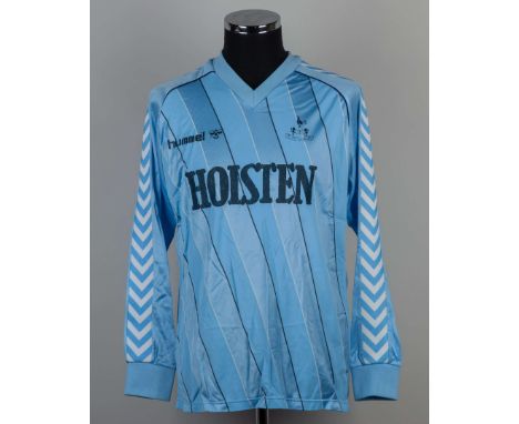 Rare sky blue No.15 Tottenham Hotspur long-sleeved shirt, 1986-87, Hummel, LL, with v-neck collar and printed badge, badge, s