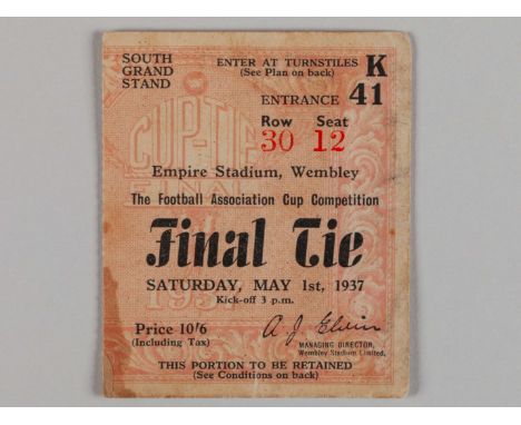 Sunderland v Preston North End 1937 FA Cup Final Ticket, slight staining