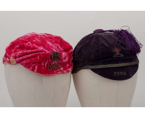 A pink England International Amateur cap, 1906, missing button on top, washed out and frayed at edges and another 1905 cap (2