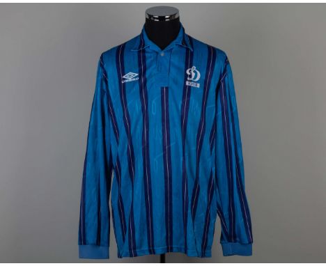 Blue No.10 Dynamo Kiev long-sleeved shirt, 1994-95, Umbro, XL, with button-up collar and embroidered badge inscribed D KNIB, 