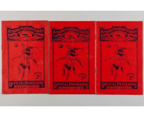 Three Arsenal v. Liverpool match programmes 1931-33, comprising 28th November 1931, 4th March 1933 and 2nd December 1933, sig