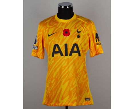 Gugliemo Vicario yellow No.1 Tottenham Hotspur v. Aston Villa goalkeepers shirt, 2024, Nike, L, with crew-neck collar and pri