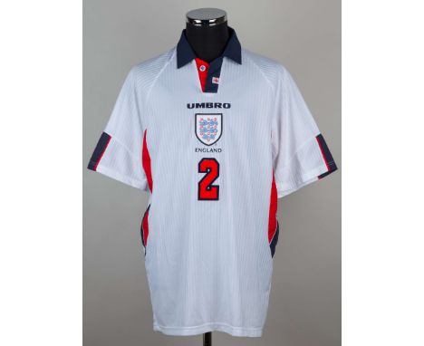 Gary Neville white, red and blue No.2 England v. Portugal match issued short-sleeved shirt, 1998, Umbro, XL, with button-up c