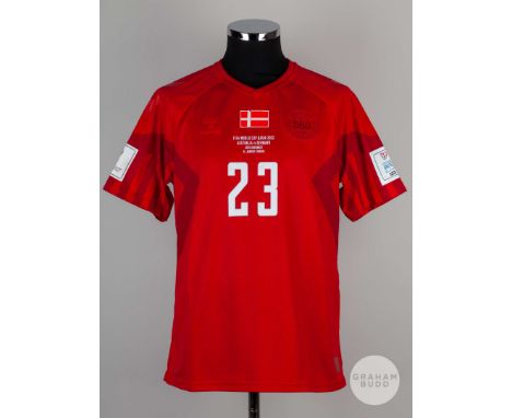 Pierre- Emile Hojbjerg red No.23 Denmark v Australia short sleeved World Cup Finals shirt, 2022, Hummel, size L, player issue