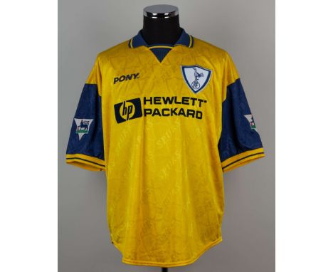 Sol Campbell yellow and blue No.23 Tottenham Hotspur match issued short-sleeved shirt, 1997, Pony, XL, with v-neck collar and