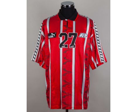 Red, white and black No.27 Singapore short-sleeved shirt, 1990s, Puma, XXL, with button-up collar and embroidered badge&nbsp;