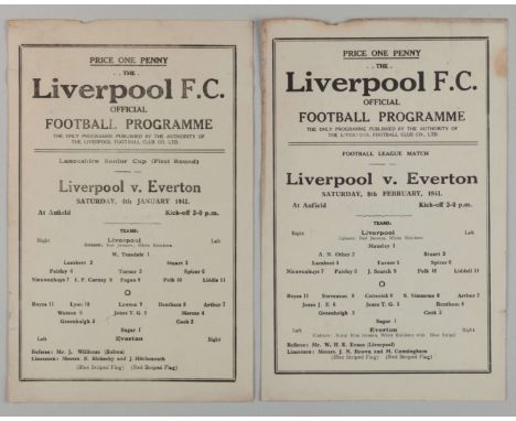 Two Liverpool v. Everton single-sheet match programmes, 1941 comprising Senior Cup, 1st round, 4th January 1941 and 8th Febru