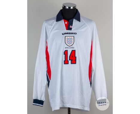 Graeme Le Saux white No.14 England v Chile long sleeved friendly shirt, 1998, Umbro size XL, button up collar with embroidere