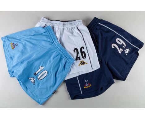 Three pairs of Tottenham Hotspur match shorts, 2003-04, comprising sky blue No.10 Robbie Keane, white No.26 Ledley King and b