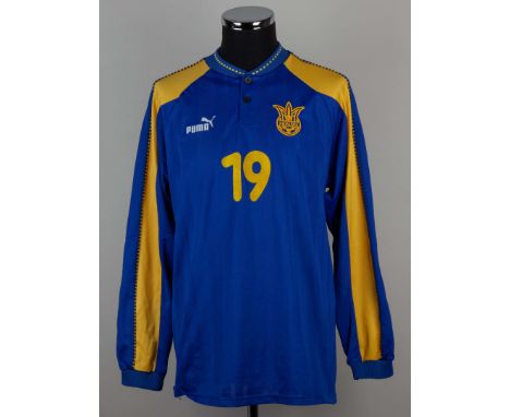 Blue and yellow No.19 Ukraine long-sleeved shirt, Puma, L, with button-up collar and embroidered badge&nbsp;
